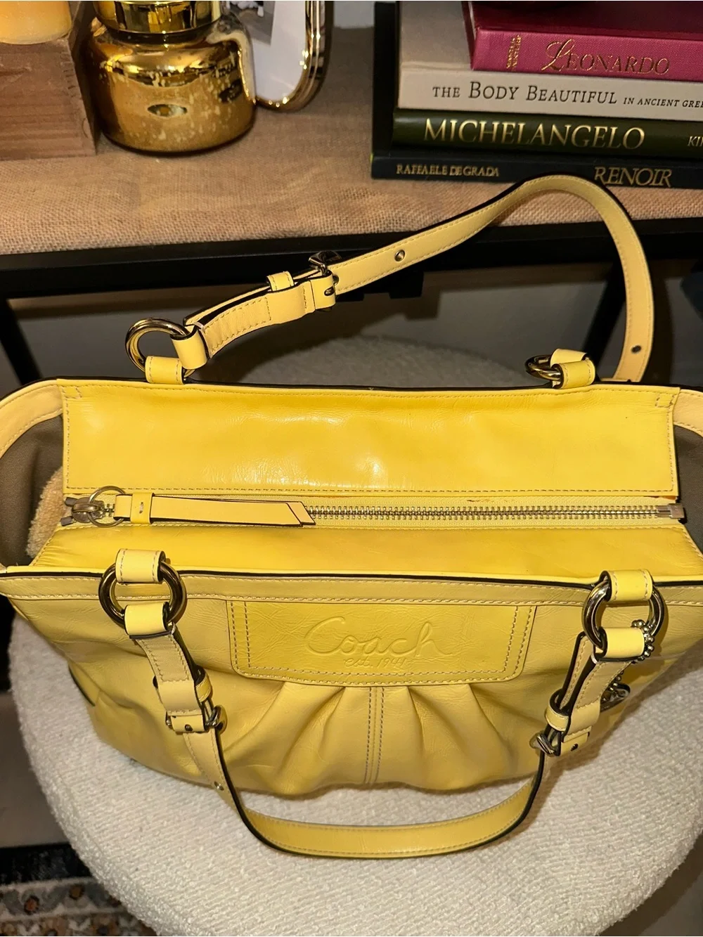 Coach Patent Leather Pleated Gallery Tote (Style F13761) Yellow NWOT